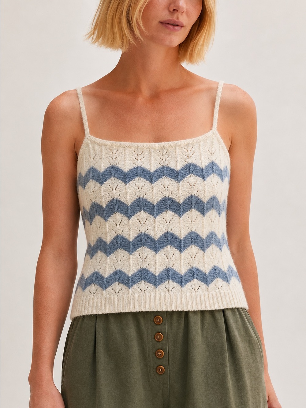 Crescent Ivory & Blue Chevron Pointelle Knit Sweater Tank Size Medium